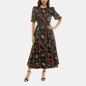 TAYLOR BELTED FLORAL PRINT PUFF SLEEVE MIDI DRESS BLACK MULTI NWT SIZE 10